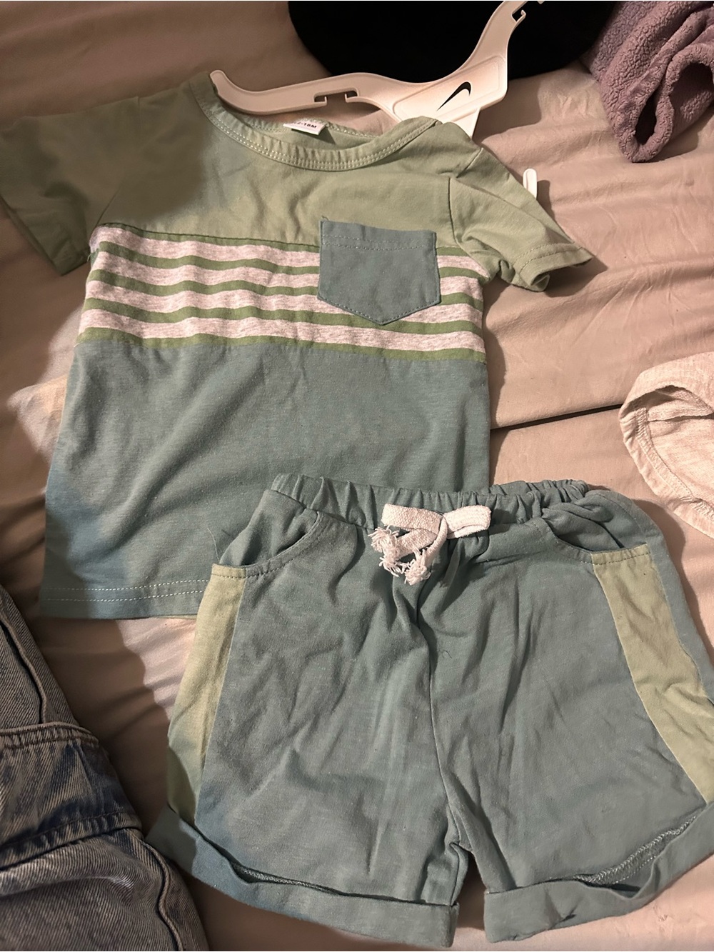 Kids Two-Piece Green Stripe Tee & Shorts Set